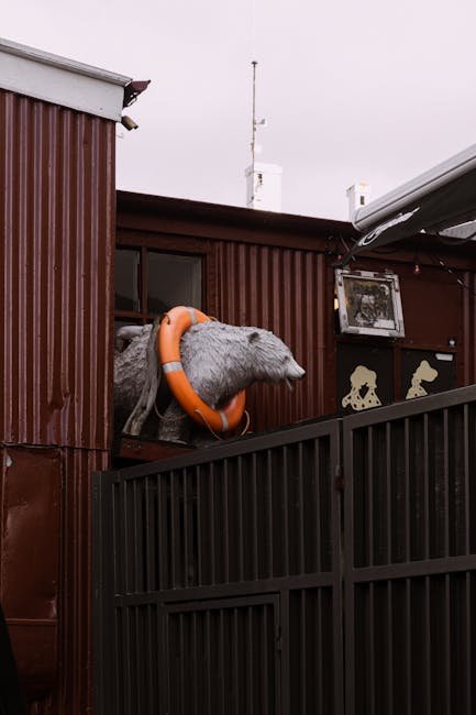 A unique bear sculpture with a lifebuoy mounted on an exterior metal building facade.